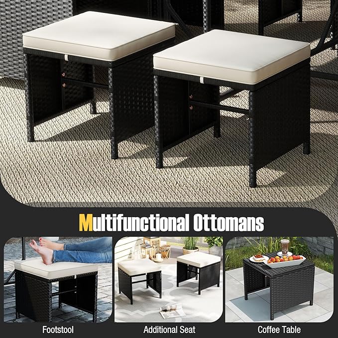 Tangkula 9 Piece Patio Dining Set, Rattan Chairs with Tempered Glass Table & Ottoman, Space Saving Wicker Sectional Conversation Set with Removable Cushions, Outdoor Furniture for Backyard Garden Deck