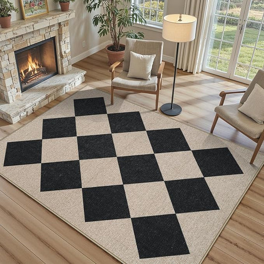 Collive Easy Jute Checkered Area Rug, 4x6 Modern Washable Rugs for Living Room Black Diamond Outdoor Patio Rug, Non Slip Dining Room Carpet Low Pile Entryway Indoor Door Mats for Backyard Bedroom