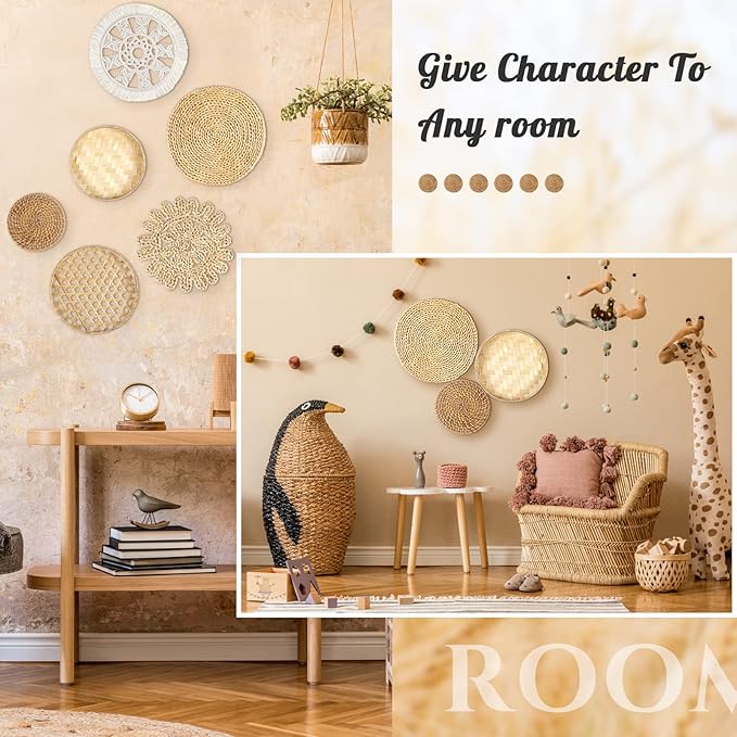 Marsui Boho Wall Basket Decor Set of 6 Rustic Hanging Round Flat Woven Baskets Rattan Wicker Wall Decor Art for Farmhouse Home Table Settings Living Room Bedroom Decoration