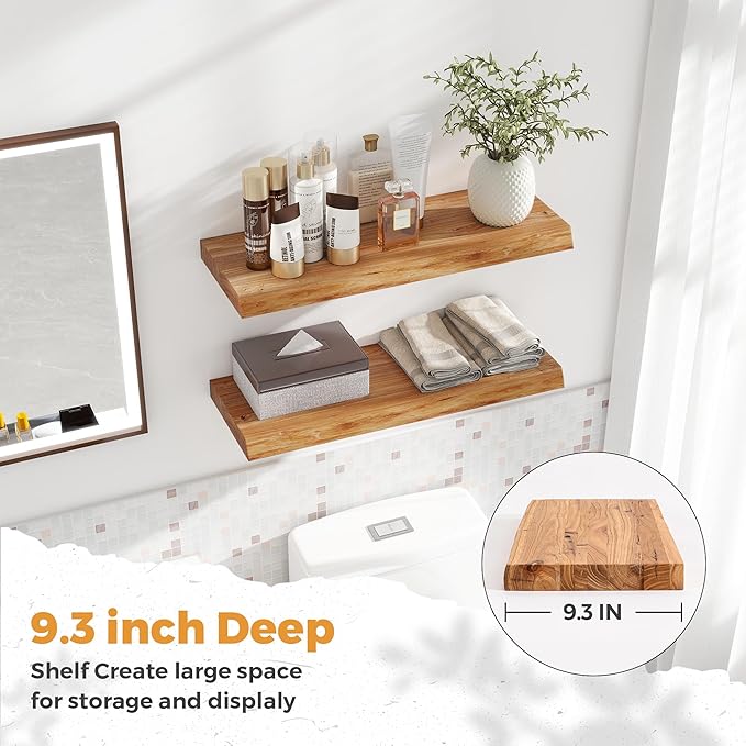 RICHFOCUS Live Edge Elm Floating Shelves - 24" W x 9.3" D Rustic Solid Wood Wall Shelves with Invisible Bracket, Wall-Mounted for Living Room, Bedroom, Kitchen Storage & Display, Set of 2, Natural