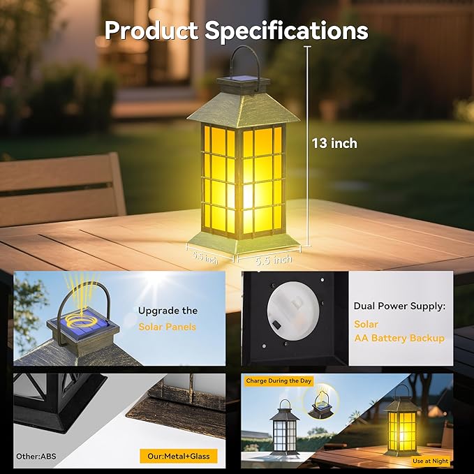 anyperfect 2 Pack 13" Bronze Solar Lantern with Flickering Flame Candle | Outdoor Waterproof Hanging Lanterns, Metal & Glass Solar Lights for Garden Decoration, Rustic Gifts for Mom