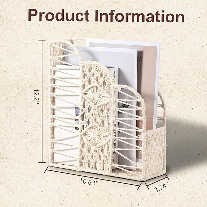 BROWNLILY Macrame Magazine Holder - Unique Handwoven Basket for Books & Home Decor, Exclusive Cotton Rope Weaving Art, Single Piece