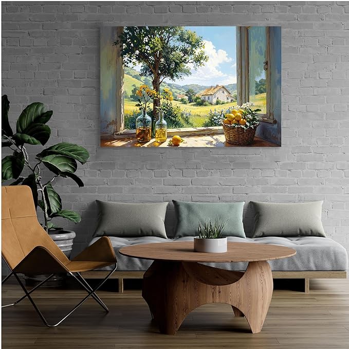 Vintage window farmhouse canvas painting wicker basket full of lemons rolling green hills lush foliage yellow flowers glass bottle rustic charm tranquil country living textured artwork wall decor