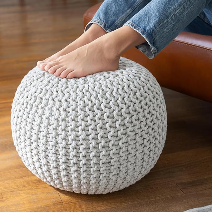 BIRDROCK HOME Round Pouf Ottoman | Cotton Braided Foot Stool with Bean Bag Filling | Boho Foot Rest for Living Room & Bedroom | Compact & Comfortable Seating, Lightweight & Soft | Natural