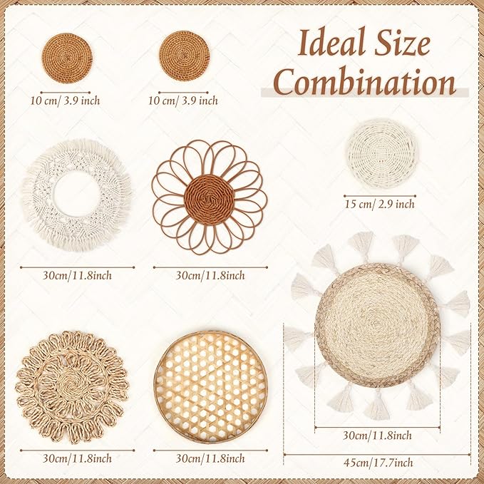 Marsui Set of 8 Boho Wall Hanging Set - Woven Rattan, Bamboo Baskets with Macrame Tassels & Tapestry for Bedroom, Living Room, Nursery Decor