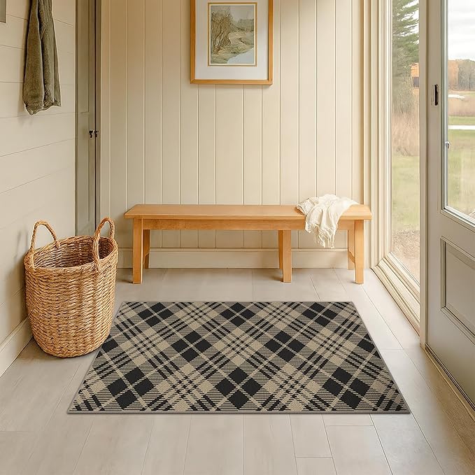 JTJ Vintage Indoor Entrance 2x4 Runner Rug - Easy Jute Woven Throw Rug for Indoor Area, Kitchen, Bedroom, Washable Low Pile Black and White Classic Decor