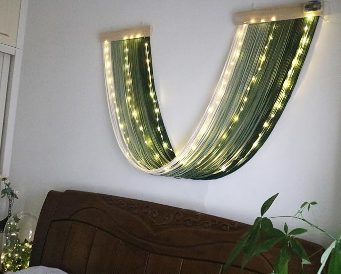 OakHaomie Macrame Fairy Lights Battery Operated with Remote,Large Macrame Wall Hanging with 20ft 100 LED String Lights,Green Gradient Warm White Light for Living Room,Bedroom,Christmas,Holiday Deco