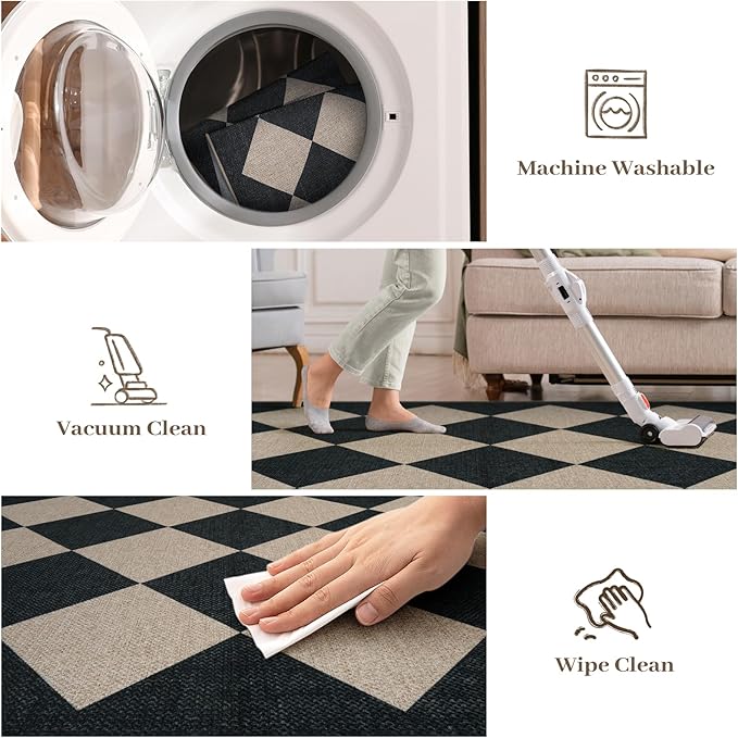 Collive Checkered Easy Jute Outdoor Patio Rug 5x7, Modern LargeWashable Area Rugs Large Non Slip Woven Living Room Carpets, Farmhouse Black Plaid Outside Carpet for Backyard Dining Room Dorm RV