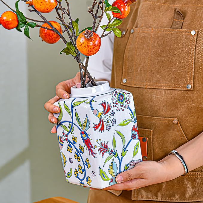 Sungmor Decorative Ceramic Ginger Jar with Lid, Square Ceramic Storage Jar Tea Canister, 8.2" Hand Painted Floral Pattern Porcelain Vase for Table Centerpiece, White Glazed Ginger Jar for Home Decor