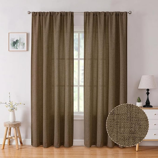 Tollpiz Linen Curtains Bedroom Rod Pocket Semi Sheer Curtain Burlap Light Filtering Thick Linen Drapes for Living Room, 54 x 84 inches Long, Brown, Set of 2 Panels