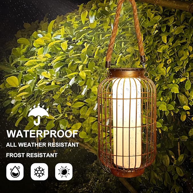baterysu Large Outdoor Solar Lanterns Hanging Light Waterproof LED Garden Lights Solar Powered Retro Metal Auto On Off Table Lamp for Garden Patio Porch Pathway Walkway Tabletop Decorative(Bronze)