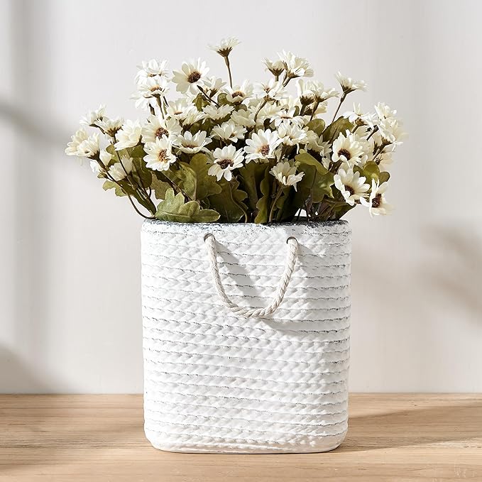 Vaseking Elegant White Petite Vase, 8 inch Ceramic Modern Minimalism Basket Vase with Hanging Rope, Creative Tote Bag Vases for Home Decor, Living Room, Wedding, Bookshelf Decor