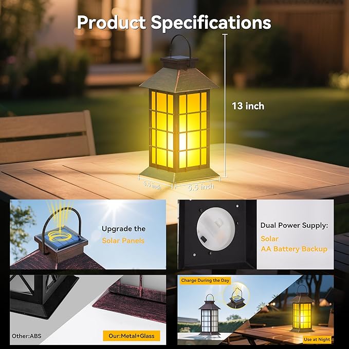 anyperfect 2 Pack 13" Copper Solar Lantern with Flickering Flame Candle | Outdoor Waterproof Hanging Solar Lanterns, Metal & Glass Lights for Garden Decoration, Rustic Gifts for Mom