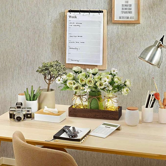 DUOER 3 Pcs Mason Jar Centerpiece Table Decorations for Dining Farmhouse Coffee Table Decor with Wood Tray and Led Light Table Centerpieces for Dining room Kitchen Living Bathroom,Green