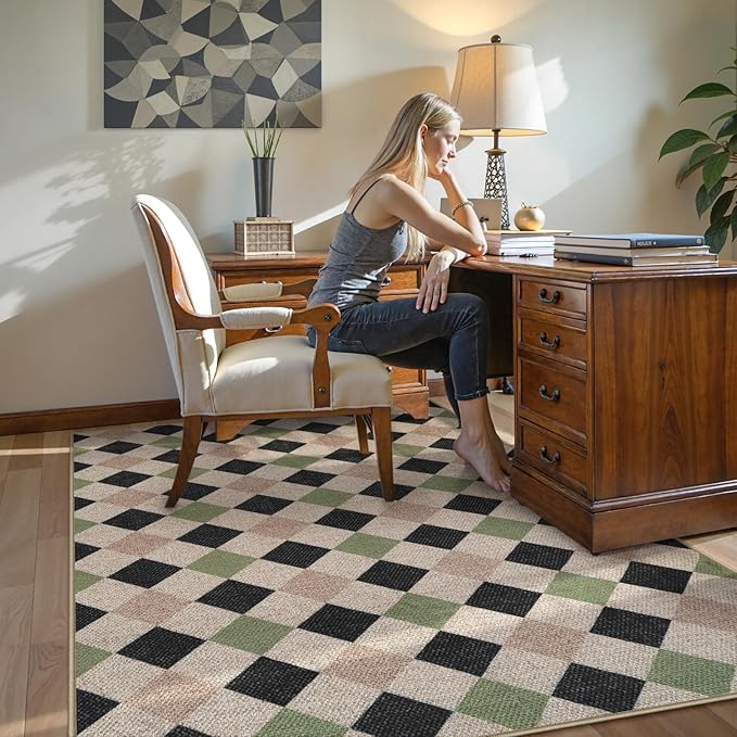 Collive Checkered Easy Jute Indoor Outdoor Rugs, 5X7 Washable Patio Rug Modern Geometric Living Room Carpet, Non Slip Black and Green Farmhouse Dining Room Carpets for Outside Backyard Office Foyer