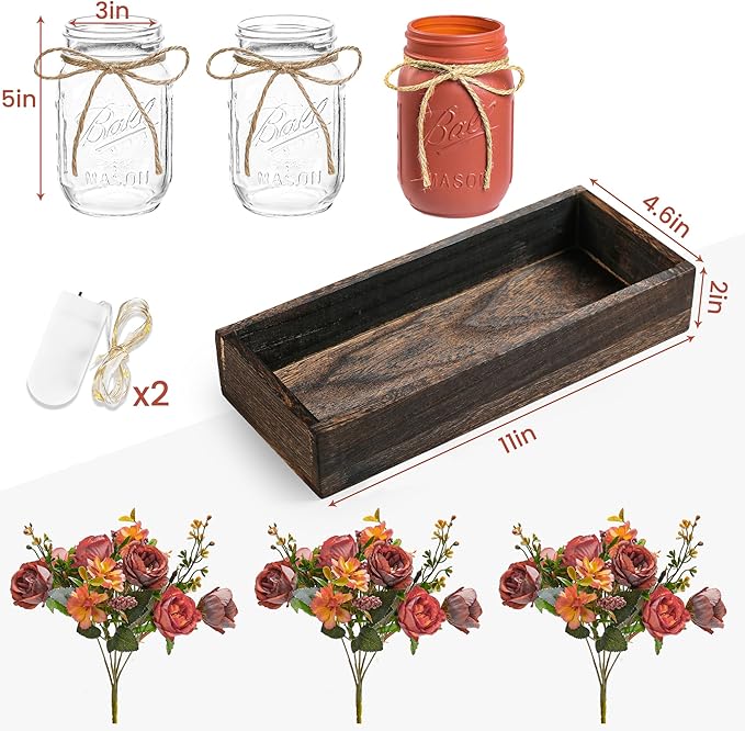 DUOER 3 Pcs Mason Jar Centerpiece Table Decorations for Dining Table Decor Farmhouse Coffee Table Decor with Wood Tray and Led Light Table Centerpieces for Dining room Kitchen Living Bathroom,Orange