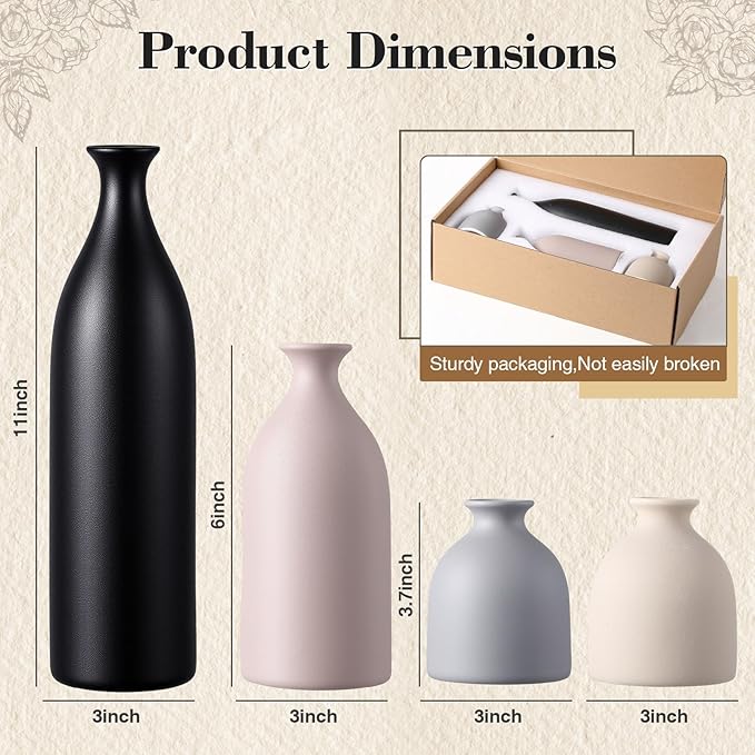 Dandat Ceramic Vase Set of 4, Modern Decorative Ceramic Vases Rustic Pottery Centerpiece Table Decor for Farmhouse Bouquet Pampas Grass Dried Fresh Flowers, Living Room, Kitchen, Bedroom(Brown)