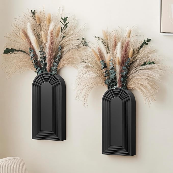 2 Pack Wooden Wall Vase Set with Pampas Grass Eucalyptus, Modern Farmhouse Boho Wall Decor for Living Room, Entryway, Hallway, Bathroom, Dining Room, Black Wall Art for Home Decoration