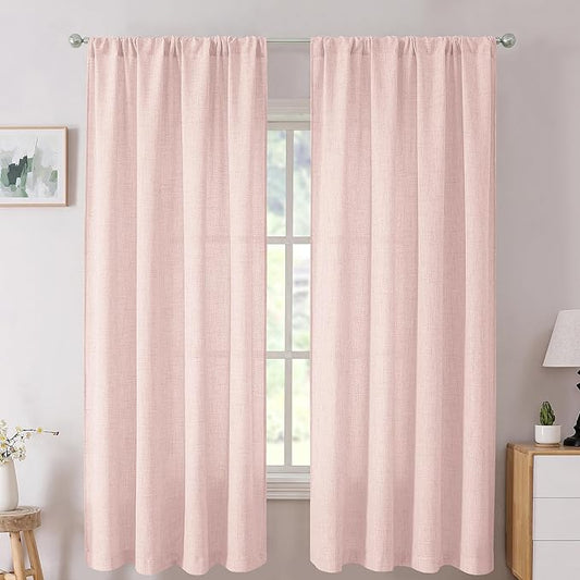 Tollpiz Short Linen Curtain Bedroom Rod Pocket Semi Sheer Curtains Burlap Light Filtering Thick Linen Drape for Living Room, 38 x 54 inches Long, Pink, Set of 2 Panels