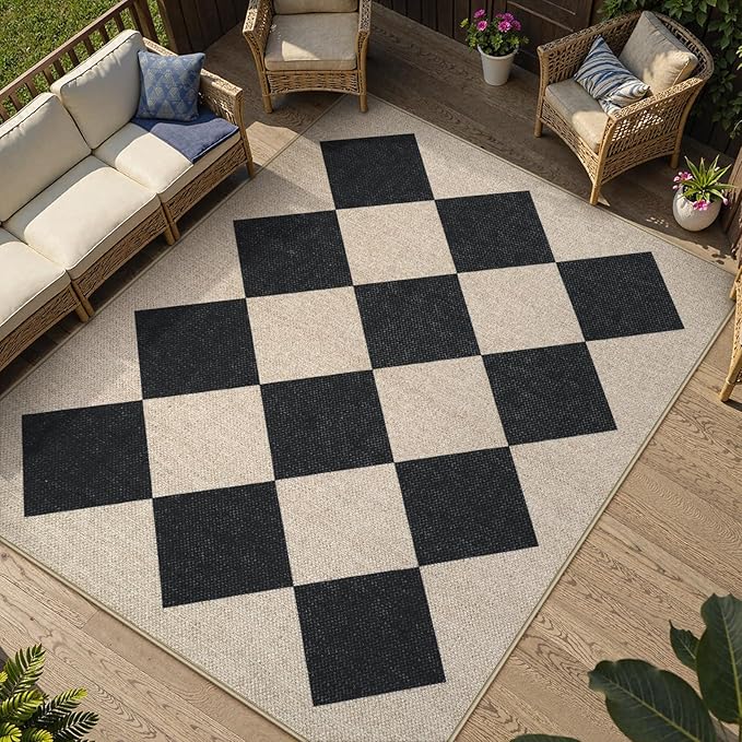 Collive Checkered Easy Jute Outdoor Area Rug 5x7, Washable Black Diamond Living Room Rugs Non Slip, Modern Farmhouse Indoor Outdoors Carpets for Dining Room Nursery Patio Bedroom Backyard Camping