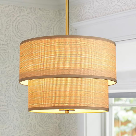 Rattan Chandelier Light Fixtures: 17 inch Boho Pendant Lights with Wicker Lampshade, E12 5 Lights Height Adjustable Hand Woven Hanging Drum Chandeliers for Dining Room Kitchen Living Room