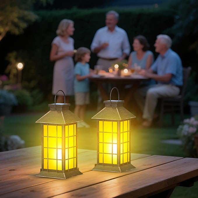anyperfect 2 Pack 13" Copper Solar Lantern with Flickering Flame Candle | Outdoor Waterproof Hanging Solar Lanterns, Metal & Glass Lights for Garden Decoration, Rustic Gifts for Mom