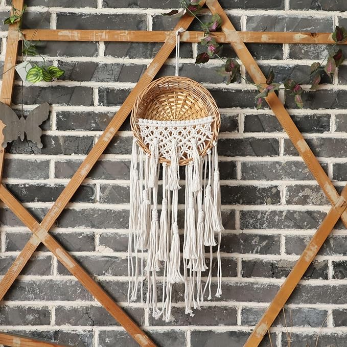 SHCMSADO Macrame Willow Storage For Living Room Bedroom Dorm Background, Boho Wicker Hanging Wall Decor Mini Chic Organizer for Nursery key Aromatherapy and Small daily necessities