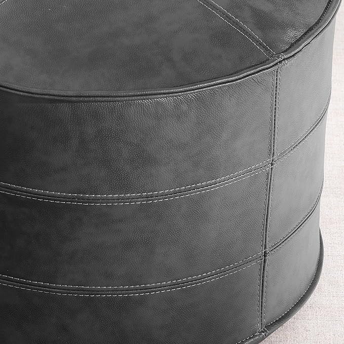 Leather Ottoman,Handmade Stuffed Square Ottoman,Genuine Leather Pouf, Foot Rest Pouf,Comfortable Soft Seating for Living Room & Bedroom (Grey, Round)