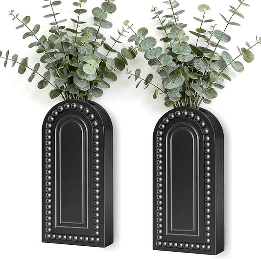 2 Pack Wooden Wall Vase Set with Bead, Modern Farmhouse Boho Wall Decor for Living Room, Entryway, Hallway, Bathroom, Dining Room, Black Wall Art for Home Decoration