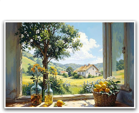 Vintage window farmhouse canvas painting wicker basket full of lemons rolling green hills lush foliage yellow flowers glass bottle rustic charm tranquil country living textured artwork wall decor