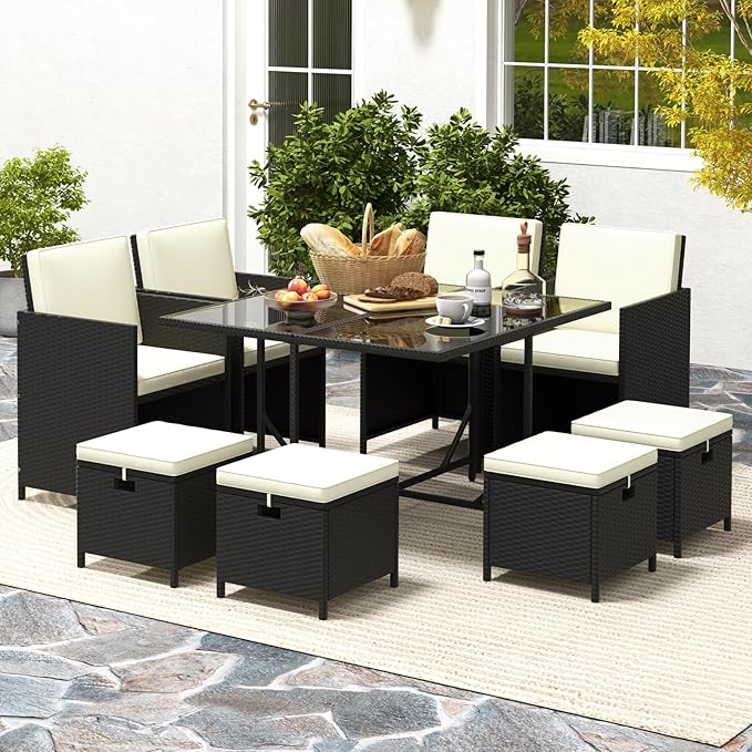 Tangkula 9 Pieces Outdoor Dining Furniture Set, Space-Saving Wicker Rattan Chairs & Tempered Glass Table with Ottomans, Cushioned Seat, Patio Conversation Set for Garden Yard Poolside