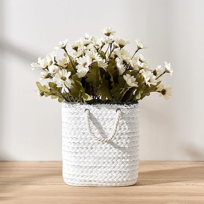 Vaseking Elegant White Petite Vase, 6.6 inch Ceramic Modern Minimalism Basket Vase with Hanging Rope, Creative Tote Bag Vases for Home Decor, Living Room, Wedding, Bookshelf Decor