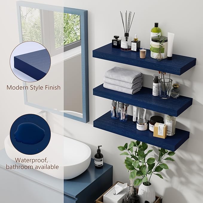 fuqing Blue Floating Shelves for Wall - Wood Wall Shelves Set of 3 - Dark Blue Shelves for Room Decor & Storage in Bedroom Living Room Bathroom Kitchen