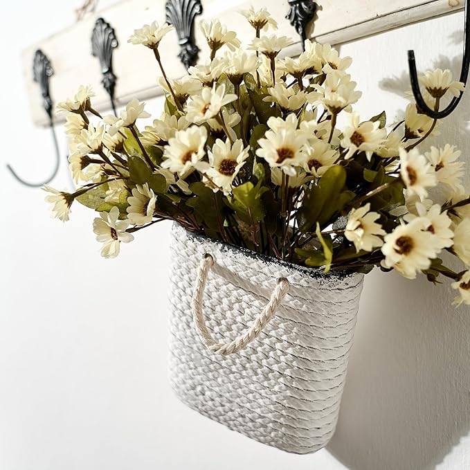 Vaseking Elegant White Petite Vase, 6.6 inch Ceramic Modern Minimalism Basket Vase with Hanging Rope, Creative Tote Bag Vases for Home Decor, Living Room, Wedding, Bookshelf Decor