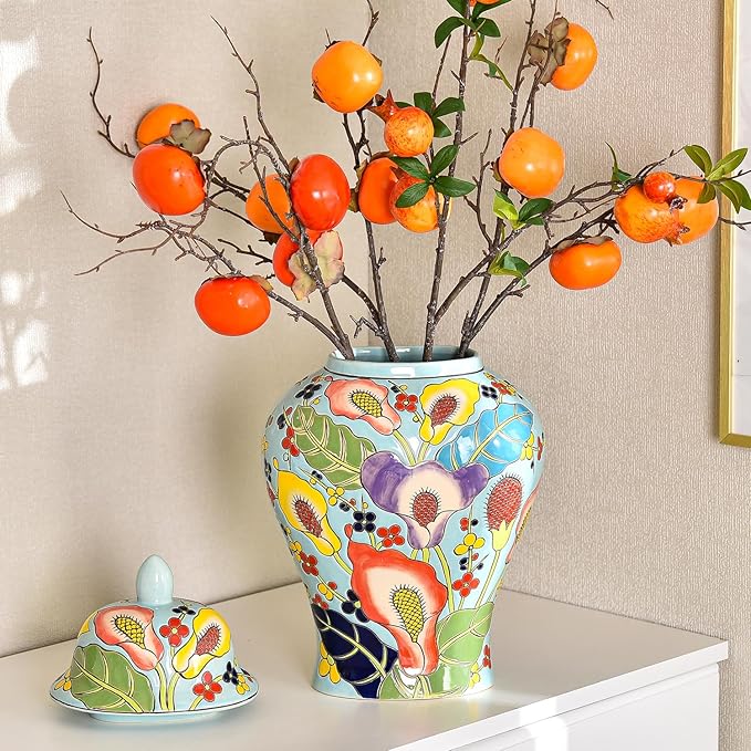 Sungmor Decorative Ceramic Ginger Jar with Lid, Floral Pattern Porcelain Temple Storage Jar, 14" Hand Painted Ceramic Flower Vase for Centerpiece, Blue Glazed Vase for Flower Arrangement, Home Decor