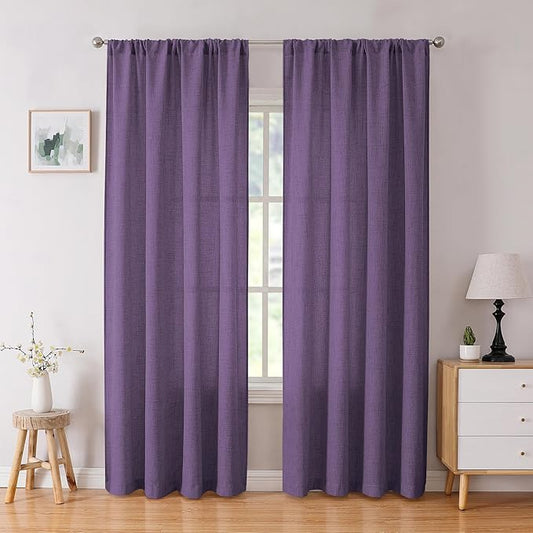 Tollpiz Linen Curtain Bedroom Rod Pocket Semi Sheer Curtains Burlap Light Filtering Thick Linen Drape for Living Room, 38 x 84 inches Long, Royal Purple, Set of 2 Panels