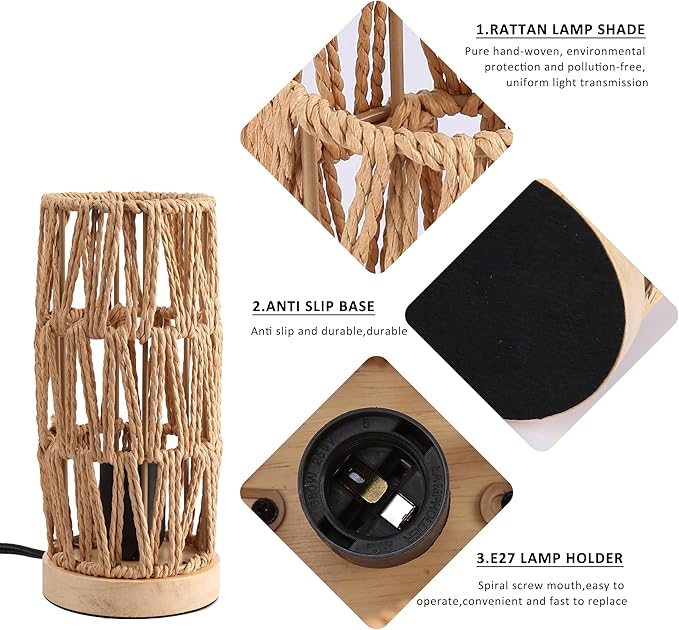 Bamboo Rattan Table Lamp for Living Room, Boho Handmade Woven Cylinder Lampshade Standing Lamp with Natural Wooden Base, Industrial Wicker Desk Light Decoration for Bedroom, Farmhouse