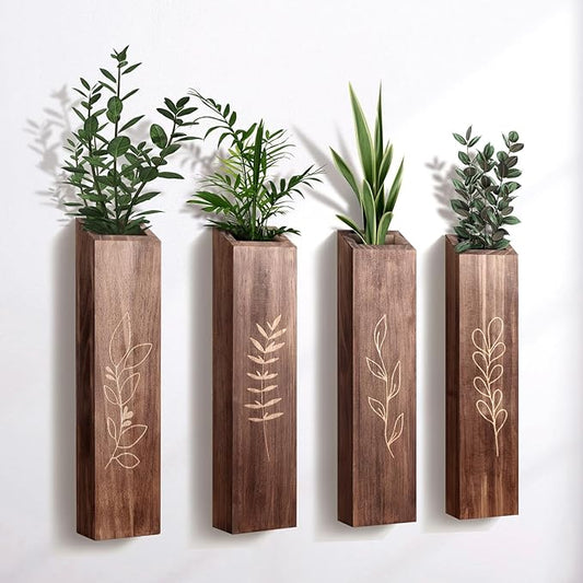 BOTOP 4 Pack Wood Indoor Wall Planter, Modern Boho Wall Decor for Living Room Bedroom, Farmhouse Pocket Vases for Dried Flowers and Faux Greenery Plants - Brown