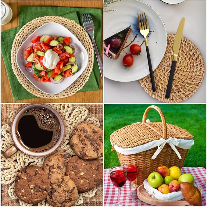 Marsui Boho Wall Basket Decor Set of 6 Rustic Hanging Round Flat Woven Baskets Rattan Wicker Wall Decor Art for Farmhouse Home Table Settings Living Room Bedroom Decoration