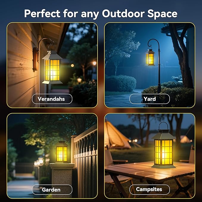 anyperfect 2 Pack 13" Black Solar Lantern with Flickering Flame Candle | Outdoor Waterproof Hanging Solar Lanterns, Metal & Glass Lights for Garden Decoration, Rustic Gifts for Mom