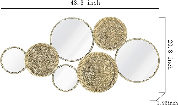 Oakrain Home Decor Metal Wall Mirror with Multi Circle Plates, Large Modern Wall Art Sculpture Decor for Living Room, Office, Bedroom, 45.3 X 1.9 X 21.6 Inches, Gold