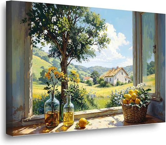 Vintage window farmhouse canvas painting wicker basket full of lemons rolling green hills lush foliage yellow flowers glass bottle rustic charm tranquil country living textured artwork wall decor