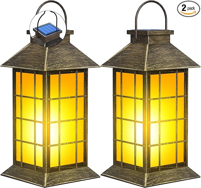 anyperfect 2 Pack 13" Patina Solar Lantern with Flickering Flame Candle | Outdoor Waterproof Hanging Lanterns, Metal & Glass Solar Lights for Garden Decoration, Rustic Outdoor Gifts for Mom