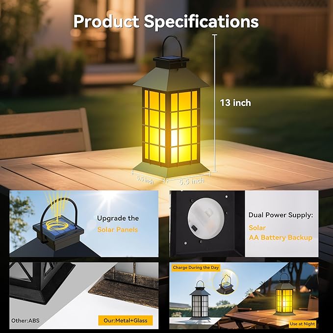 anyperfect 2 Pack 13" Black Solar Lantern with Flickering Flame Candle | Outdoor Waterproof Hanging Solar Lanterns, Metal & Glass Lights for Garden Decoration, Rustic Gifts for Mom
