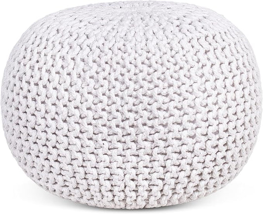 BIRDROCK HOME Round Pouf Ottoman | Cotton Braided Foot Stool with Bean Bag Filling | Boho Foot Rest for Living Room & Bedroom | Compact & Comfortable Seating, Lightweight & Soft | Ivory
