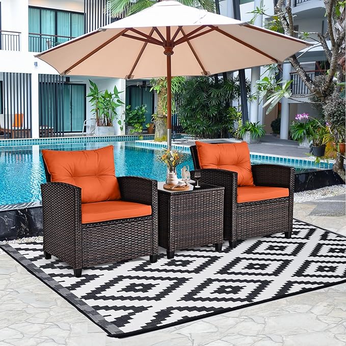 HAPPYGRILL 3 Pieces Patio Conversation Set, Outdoor Furniture Set PE Rattan Sofa Set with Removable Cushions, PE Wicker Chairs with Tempered Glass Side Table for Porch Lawn Garden Balcony Backyard