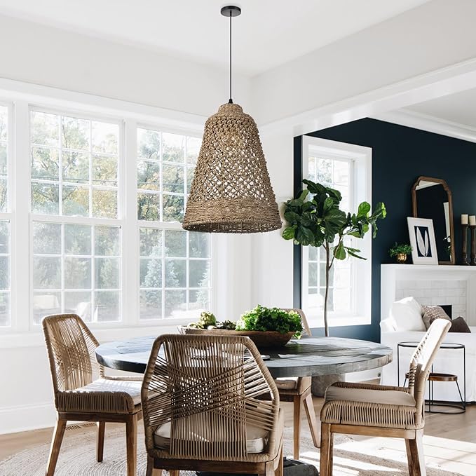 Arturesthome Wicker Pendant Light Fixture Basket Rattan Chandelier Handmade Pendant Lighting for Dining Table Restaurant Foyer D 11.8″* 15.7″