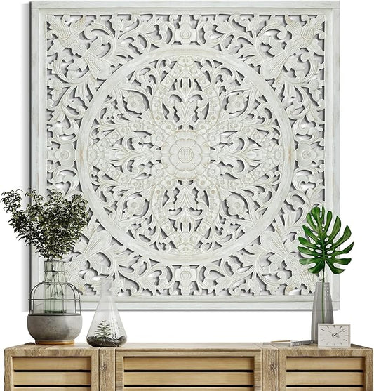 KultureDeco Large Spiritual Mandala Décor [40x40 inch] Wood Wall Hanging Decor | Above Bed Wall Decor | Living Room & Bedroom Décor Asethetic | Zen Farmhouse Wall Art (Ceningan (White-Wash))