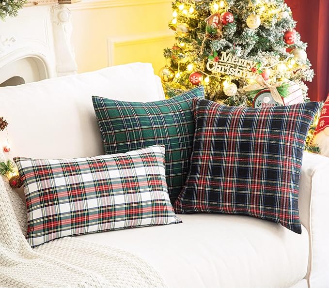 AQOTHES Pack of 2 Christmas Plaid Decorative Throw Pillow Covers Scottish Tartan Cushion Case for Farmhouse Home Holiday Decor Red and Black, 18 x 18 Inches