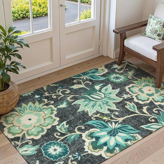 Lahome Floral Living Room Rug - 3x5 Area Rugs for Bedroom Machine Washable Non-Slip Throw Kitchen Entryway Rug Soft Paisley Print Distressed Floor Capet for Office Laundry Room Dining Room Bathroom
